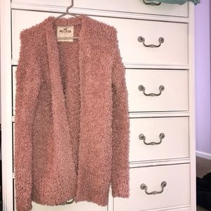 pink fuzzy cardigan